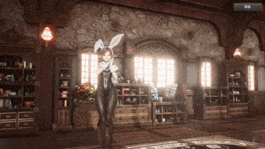 a woman in a bunny costume is in a room