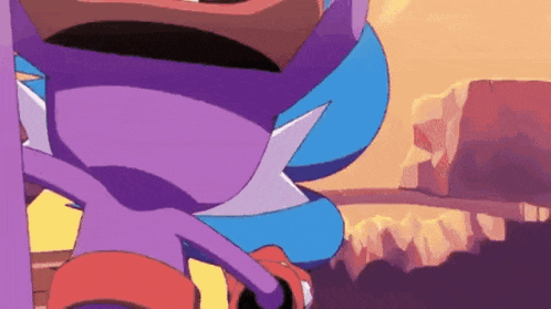 a purple and blue cartoon character is standing in front of a mountain .