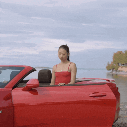 a woman in a red dress stands in a red car