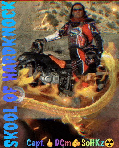a picture of a man riding a motorcycle with the words skool of hardrock on the bottom