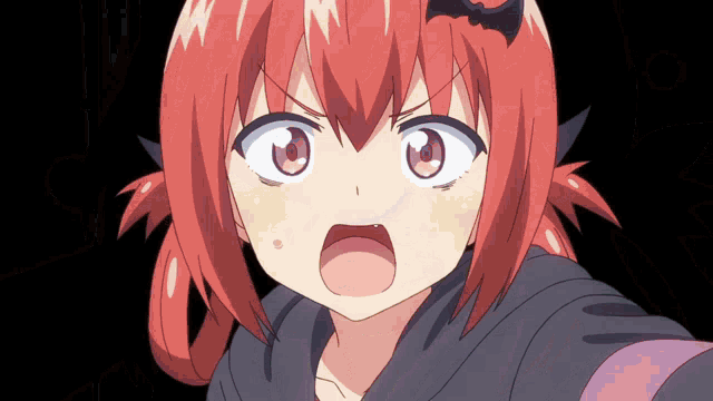 a girl with red hair and a bat on her head looks angry