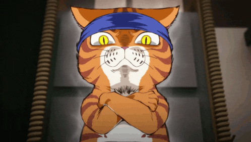a cartoon cat wearing a blue headband and yellow eyes