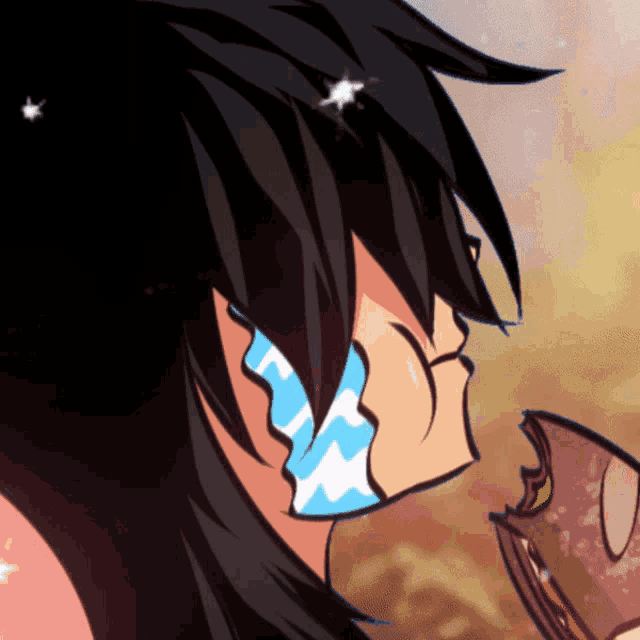 a cartoon of a person eating a hamburger with a tear coming out of their mouth
