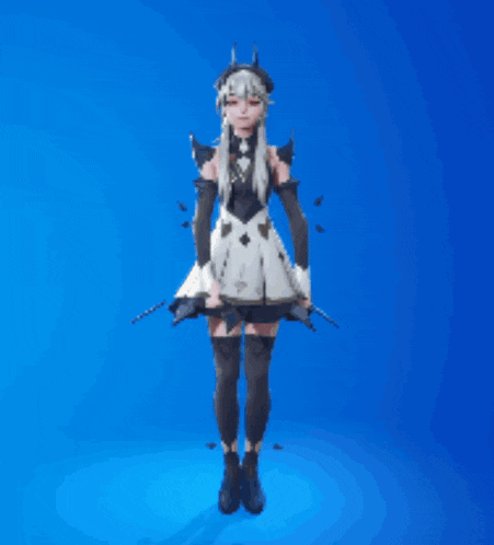 a girl in a white dress and black boots is standing on a blue background