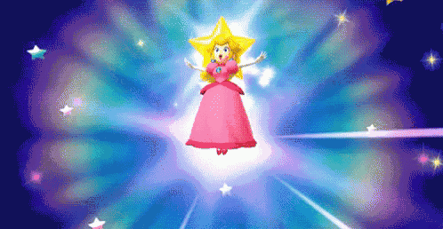 princess peach is flying through the air with a star on her head .
