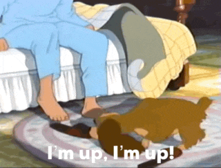 a cartoon of a person sitting on a bed with the words i 'm up i 'm up
