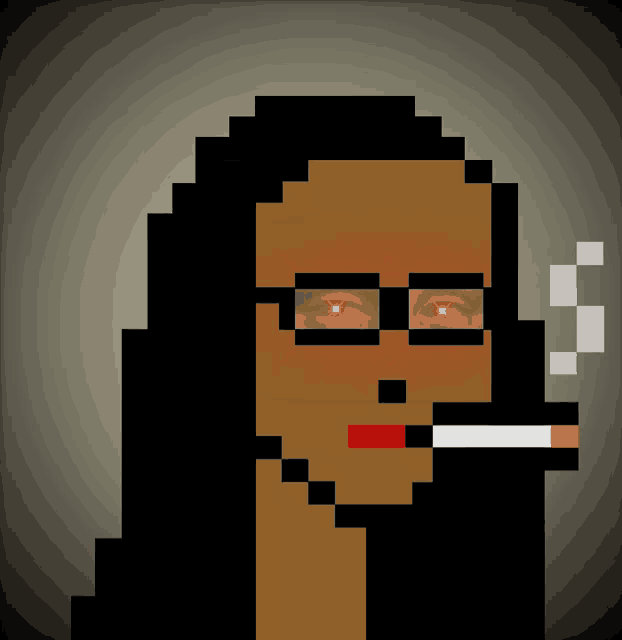 a pixel art of a person smoking a cigarette with red eyes
