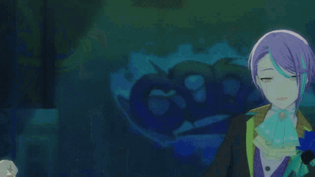 two anime characters are standing next to each other with their eyes closed .