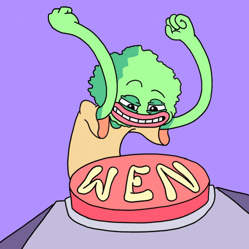 a cartoon of a monster pressing a button that says wen
