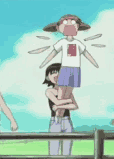a girl is holding a little boy on her shoulders in a cartoon