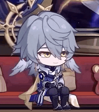 a chibi character is sitting on a couch in a video game .