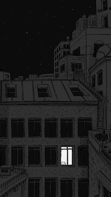 a black and white drawing of a city with a cat looking out of a window