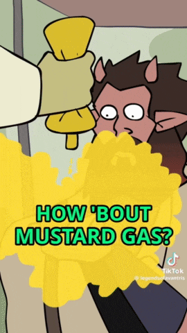 a cartoon character with a yellow smoke coming out of his mouth and the words " how bout mustard gas "