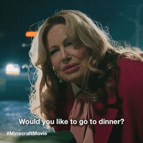 a woman in a pink jacket is asking if she would like to go to dinner