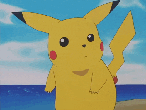 a cartoon pikachu is standing on a rock near the ocean