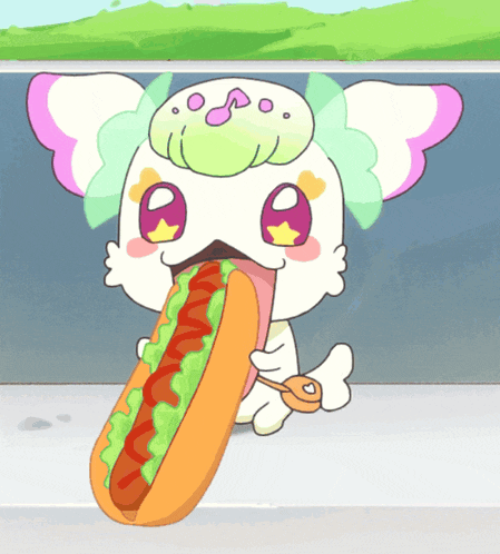 a cartoon drawing of a cat eating a hot dog