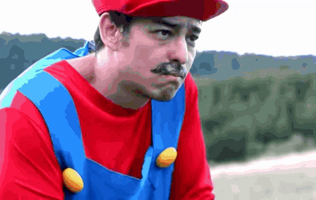 a man in a mario costume with a hat and overalls