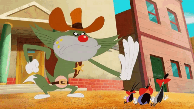 a cartoon character wearing a cowboy hat with the letter c on his chest