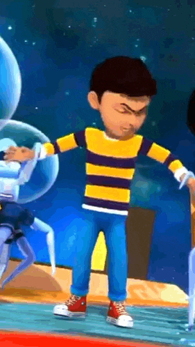 a cartoon boy in a yellow and purple striped shirt and blue jeans is standing on a red mat .