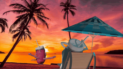 a cartoon drawing of a beach scene with palm trees and umbrella
