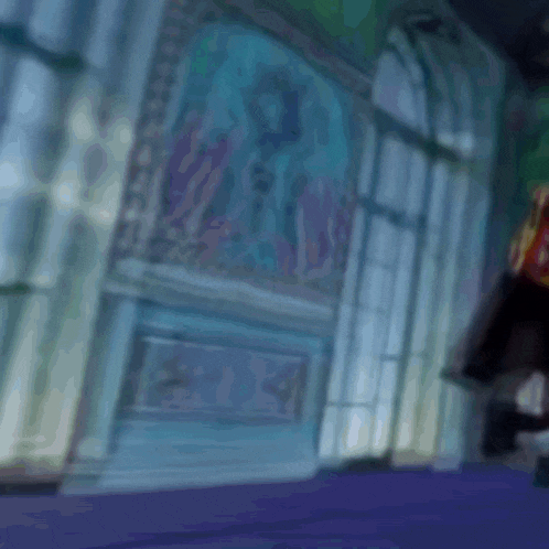 a blurry picture of a room with a painting on the wall and a purple carpet