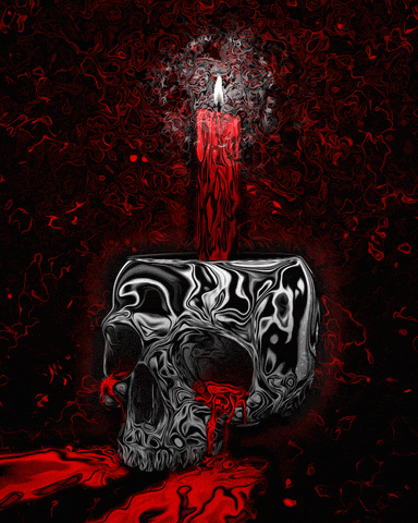 a skull with a red candle in it 's mouth