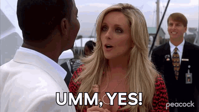 a woman is talking to a man and says umm yes