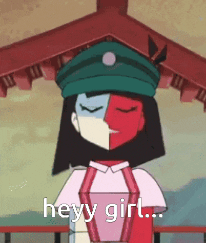 a cartoon girl is wearing a green hat and a red and white shirt and says heyy girl .