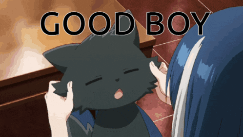 a girl petting a black cat with the words good boy behind her