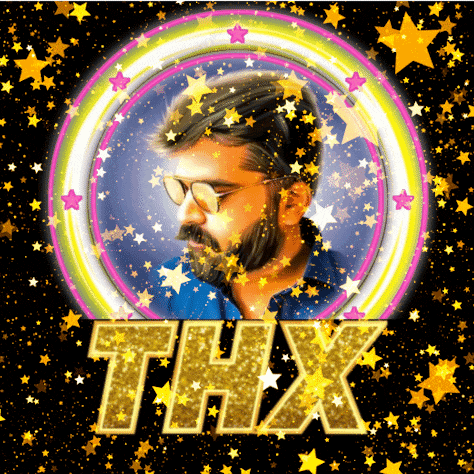 a man with a beard is surrounded by stars and the word thx is above him