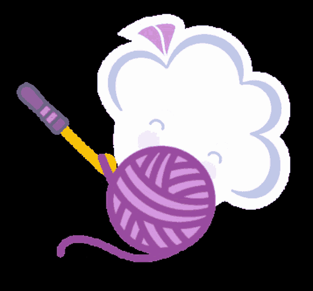 a purple ball of yarn and a knitting needle with a cloud in the background