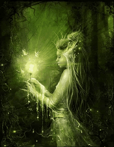a woman with long green hair is holding a light in her hands