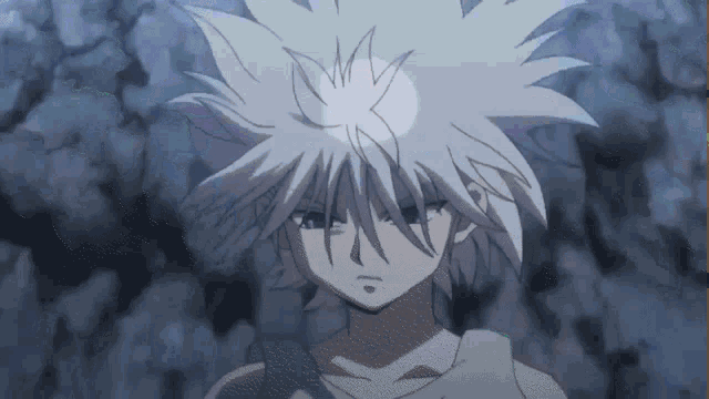 a close up of a person with white hair and blue eyes