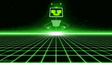 a robot with a monitor on its head is standing on a neon grid in a dark room .