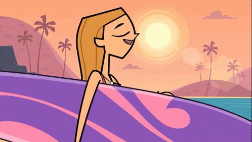 a cartoon drawing of a woman holding a surfboard on a beach
