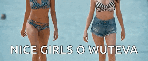 a group of women in bikinis are standing on a beach with the words `` nice girls o wuteva '' .