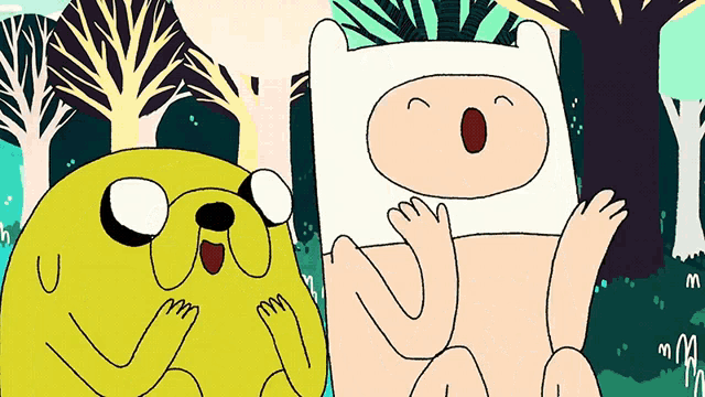 a cartoon drawing of finn and jake in the woods