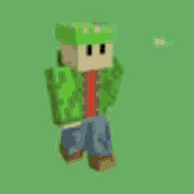 a minecraft character wearing a green jacket and a green hat is standing on a green background .