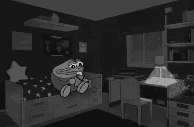 a cartoon character is sitting on a bed in a dark bedroom