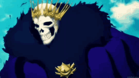 a skeleton with a crown on his head is wearing a blue coat and a purple cloak .