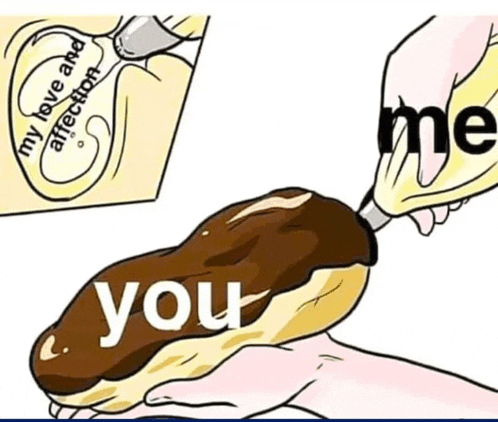 a cartoon of a person holding a chocolate eclair with the words `` you '' written on it .