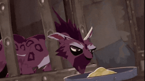 a cartoon of a purple dragon behind bars