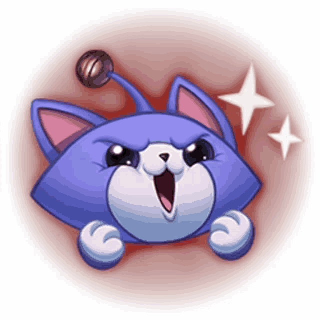 a purple and white cartoon cat with a bell on its head