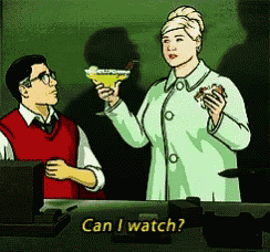 a cartoon of a woman holding a margarita and a man holding a sandwich with the caption can i watch