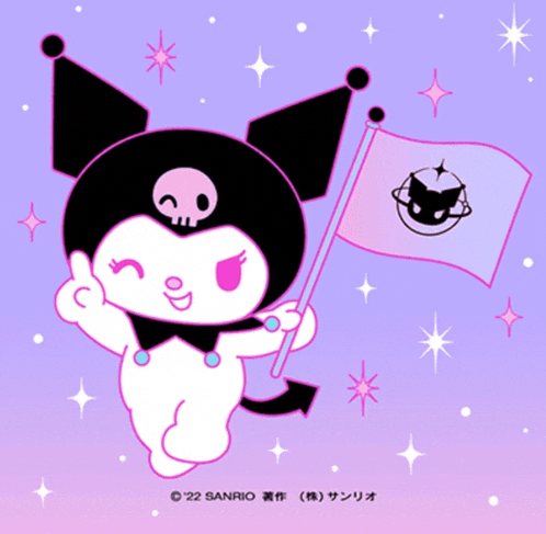 a picture of a cartoon character with a skull on her head holding a flag