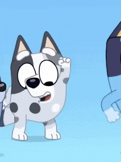 three cartoon dogs are standing next to each other on a blue background . one of the dogs is waving .