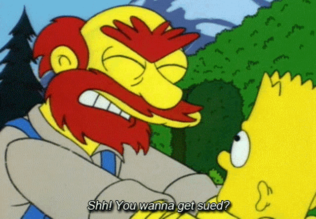 bart simpson is talking to a man with a red beard who says " shh ! you wanna get sued "