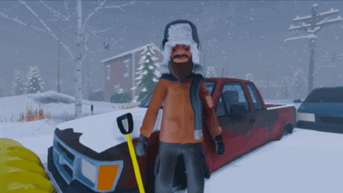 a man with a beard is holding a shovel in front of a truck