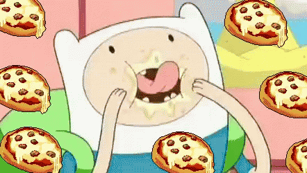a cartoon character is surrounded by pizzas and his tongue is sticking out