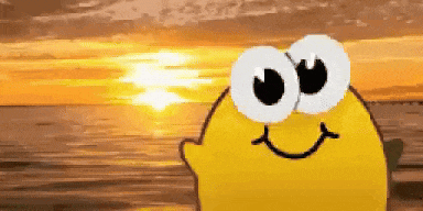 a yellow cartoon character with big eyes is smiling in front of a sunset over the ocean .